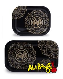 2 sizes of metal rolling tray by Ali Bongo with a gold on black mandala design