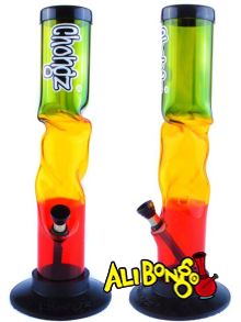 The Chongz Candy Twist Acrylic Bong from the front and side showing off the vibrant rasta colours and cool shape.