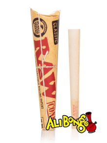 6 Pack of RAW 1.25 size pre-rolled cones, in and out of packaging. 