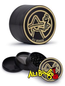 black metal herb grinder with gold Ali Bongo logo on the top
