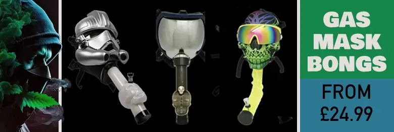 Banner with a collage of gas mask bongs showing the prices start from £24.99