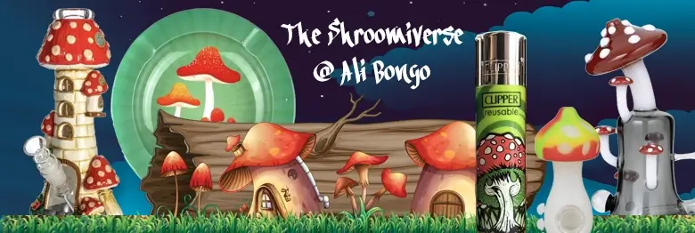Artistic banner showing mushroom themed products available such as ashtrays, bongs and pipes